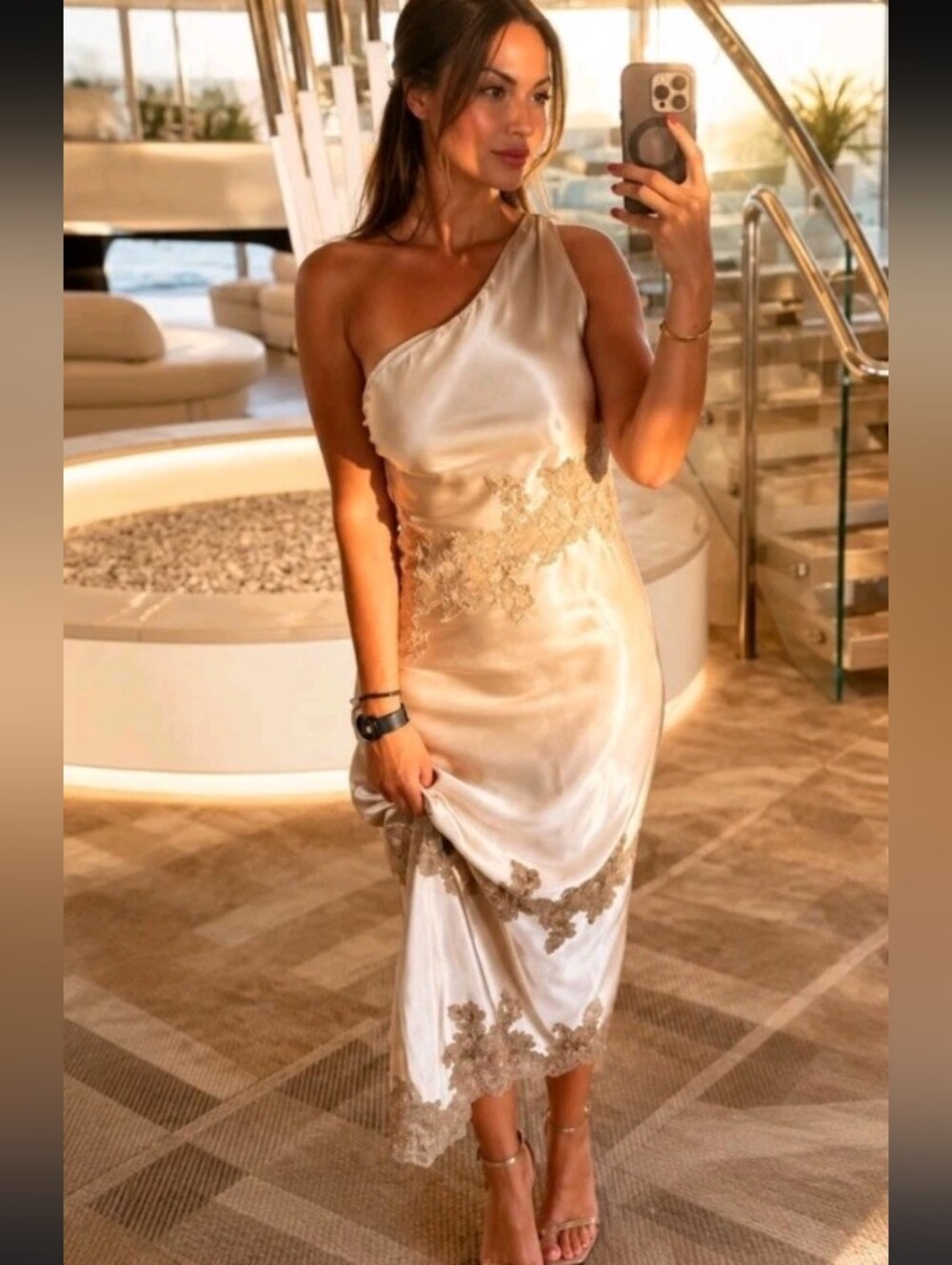 Zara One-Shoulder Satin Dress in Champagne with Gold Lace